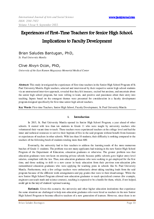 (PDF) Experiences of First-Time Teachers for Senior High School ...
