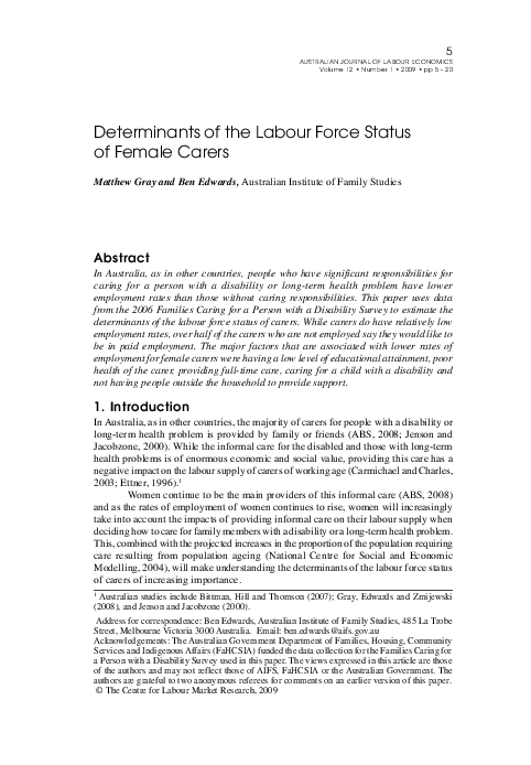 (PDF) Determinants of the labour force status of female carers