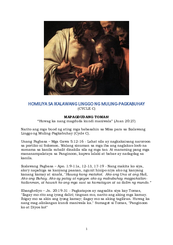 (PDF) HOMILIYA SA IKALAWANG LINGGO NG MULING-PAGKABUHAY (Cycle C)