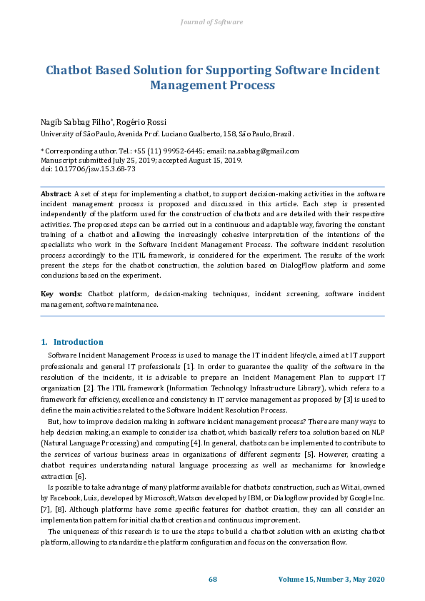 (PDF) Chatbot Based Solution for Supporting Software Incident ...