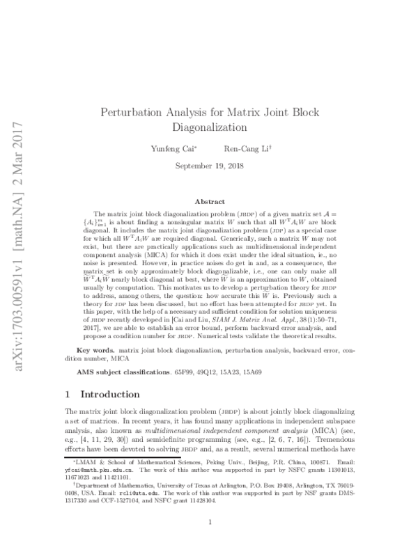 (PDF) Perturbation Analysis for Matrix Joint Block Diagonalization