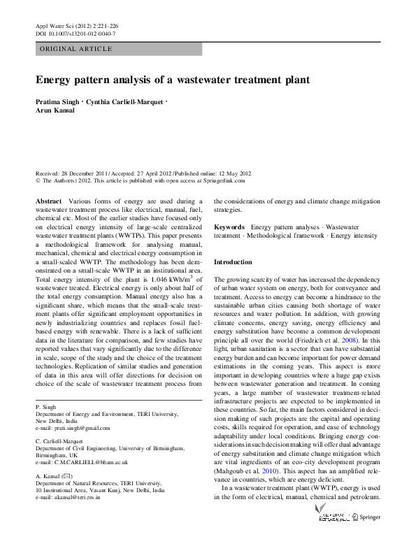 (PDF) Energy pattern analysis of a wastewater treatment plant