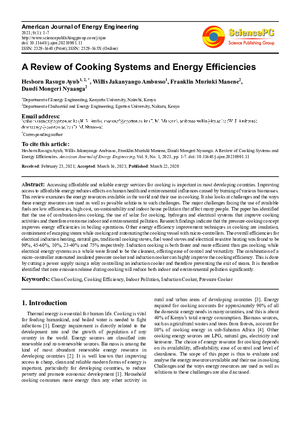 (PDF) A Review of Cooking Systems and Energy Efficiencies