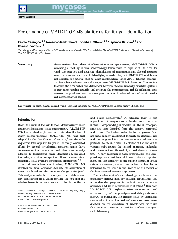 (PDF) Performance of MALDI-TOF MS platforms for fungal identification