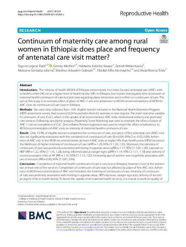 (PDF) Continuum of maternity care among rural women in Ethiopia: does ...