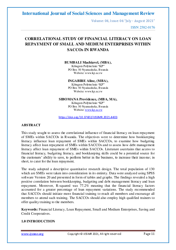 (PDF) CORRELATIONAL STUDY OF FINANCIAL LITERACY ON LOAN REPAYMENT OF ...