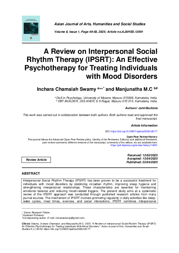 (PDF) A Review on Interpersonal Social Rhythm Therapy ( An Effective ...