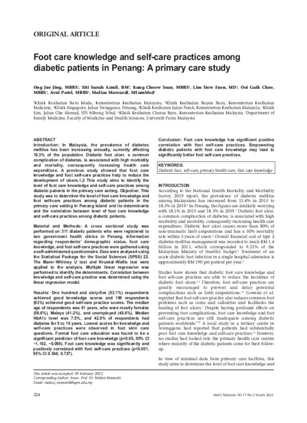 (PDF) Foot care knowledge and self-care practices among diabetic ...
