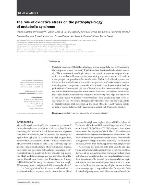 (PDF) The role of oxidative stress on the pathophysiology of metabolic ...