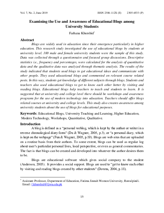 (PDF) Examining the Use and Awareness of Educational Blogs among ...