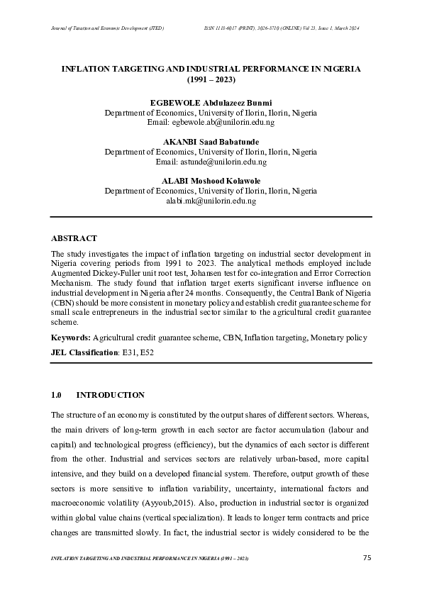 (PDF) INFLATION TARGETING AND INDUSTRIAL PERFORMANCE IN NIGERIA (1991 -2023