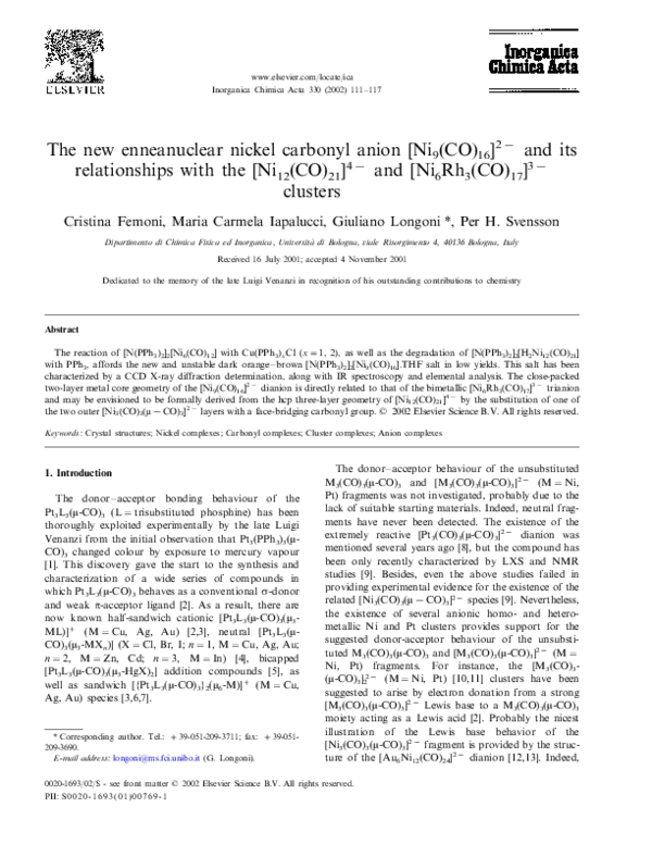 (PDF) The new enneanuclear nickel carbonyl anion [Ni9(CO)16]2− and its ...