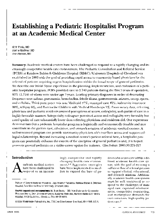 (PDF) Establishing a Pediatric Hospitalist Program at an Academic ...
