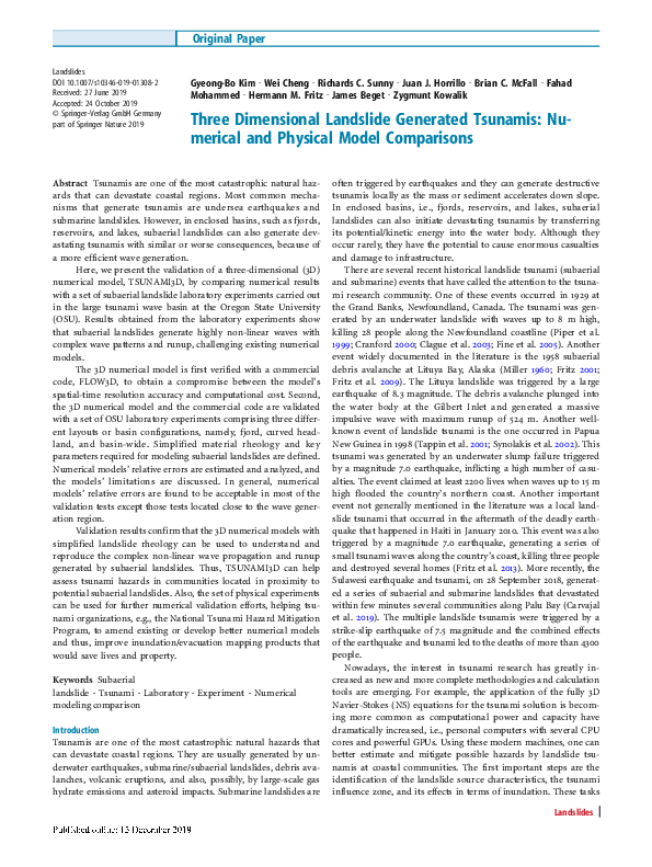(PDF) Three Dimensional Landslide Generated Tsunamis: Numerical and ...