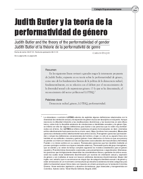 (PDF) Judith Butler y la teoría de la performatividad de género