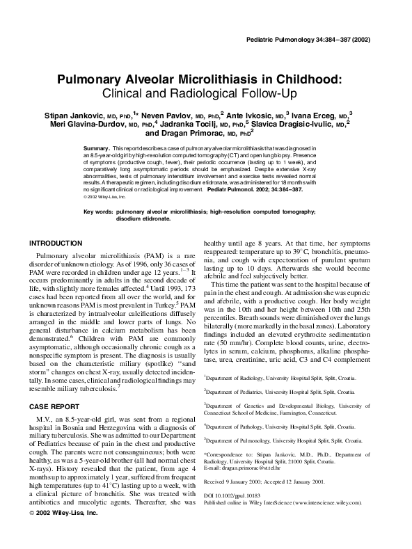 (PDF) Pulmonary alveolar microlithiasis in childhood: Clinical and ...