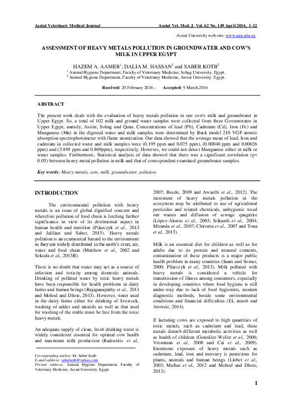 (PDF) Assessment of Heavy Metals Pollution in Groundwater and Cow’s ...