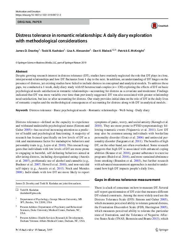 (PDF) Distress tolerance in romantic relationships: A daily diary ...