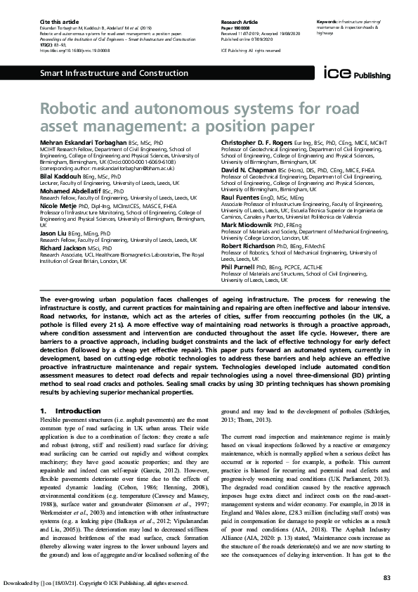 (PDF) Robotic and autonomous systems for road asset management: a ...