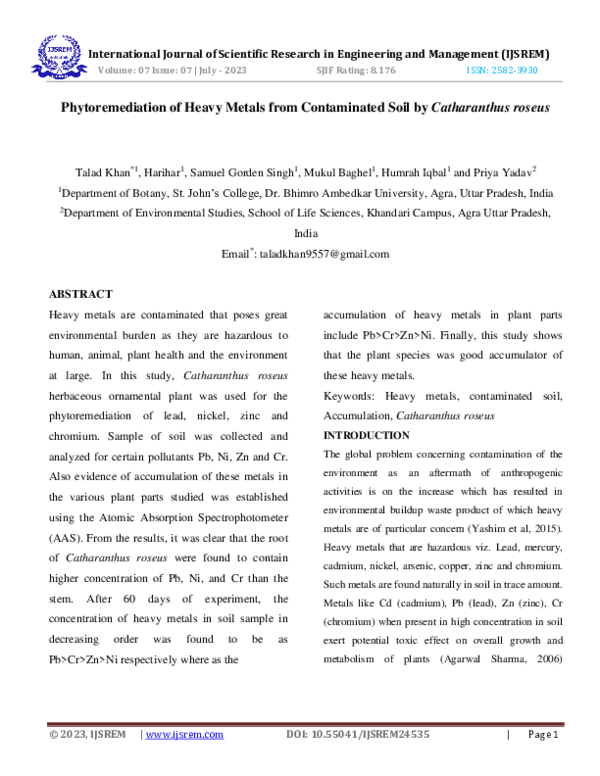 (PDF) Phytoremediation of Heavy Metals from Contaminated Soil by ...