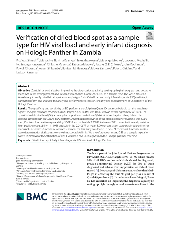 (PDF) Verification of dried blood spot as a sample type for HIV viral ...