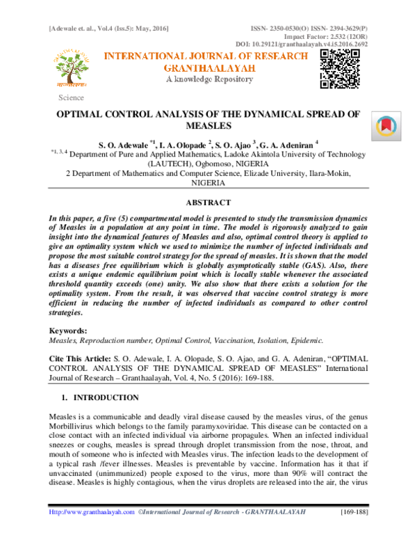 (PDF) Optimal Control Analysis of the Dynamical Spread of Measles