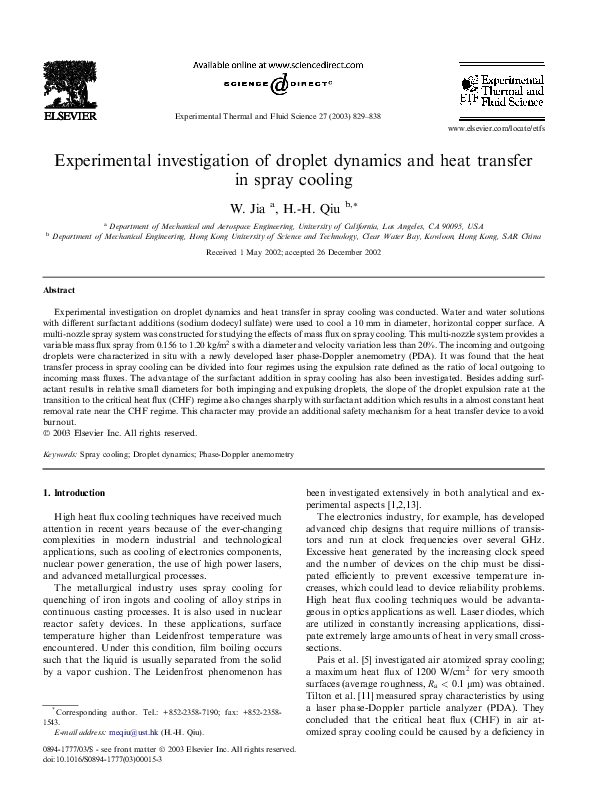 (PDF) Experimental investigation of droplet dynamics and heat transfer ...