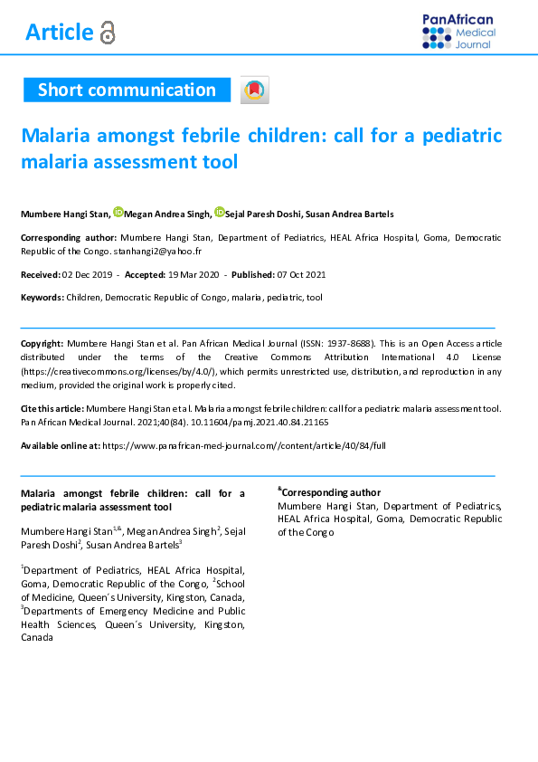 (PDF) Malaria amongst febrile children: call for a pediatric malaria ...