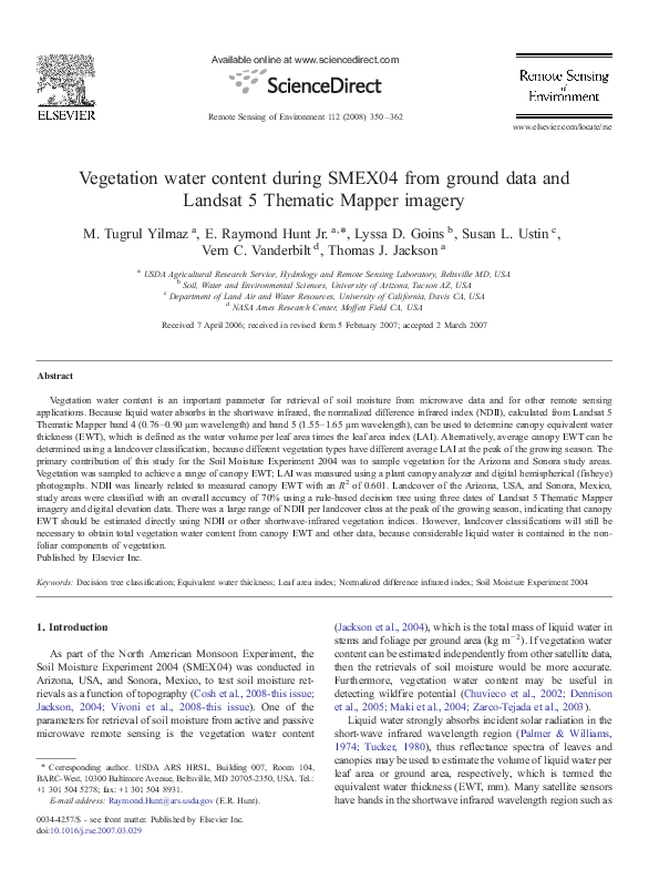 (PDF) Vegetation water content during SMEX04 from ground data and ...