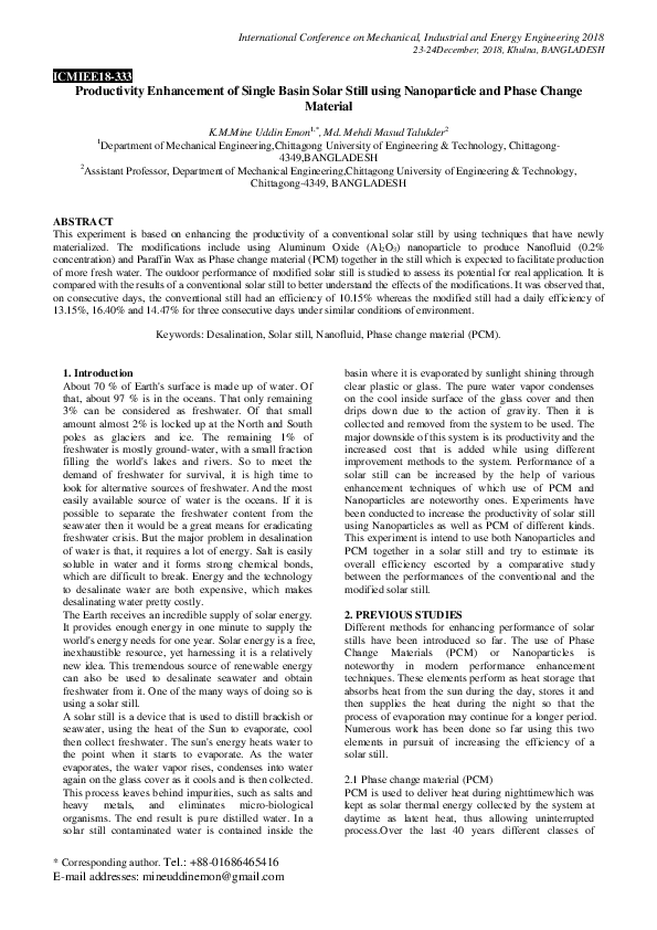 (PDF) Productivity Enhancement of Single Basin Solar Still using ...