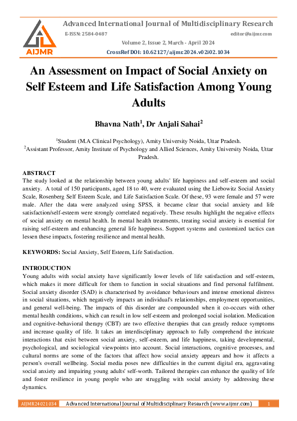 (PDF) An Assessment on Impact of Social Anxiety on Self Esteem and Life ...