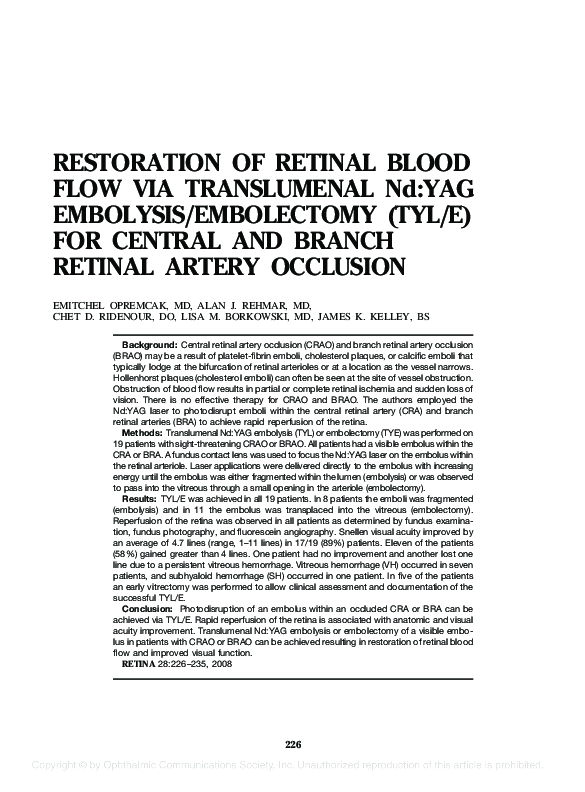 (PDF) RESTORATION OF RETINAL BLOOD FLOW VIA TRANSLUMENAL Nd:YAG ...