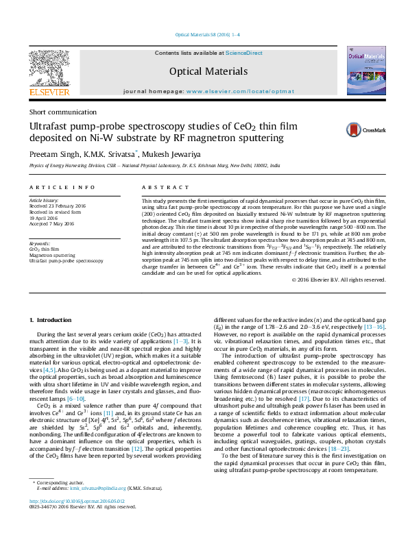 (PDF) Ultrafast pump-probe spectroscopy studies of CeO2 thin film ...