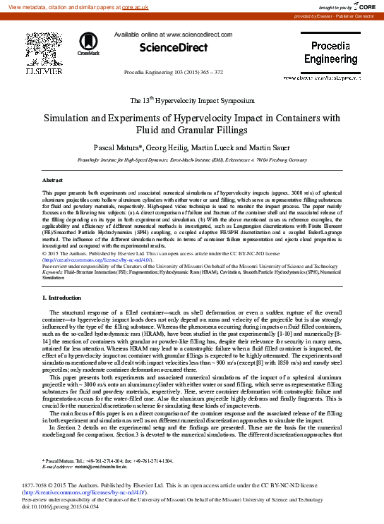 (PDF) Simulation and Experiments of Hypervelocity Impact in Containers ...