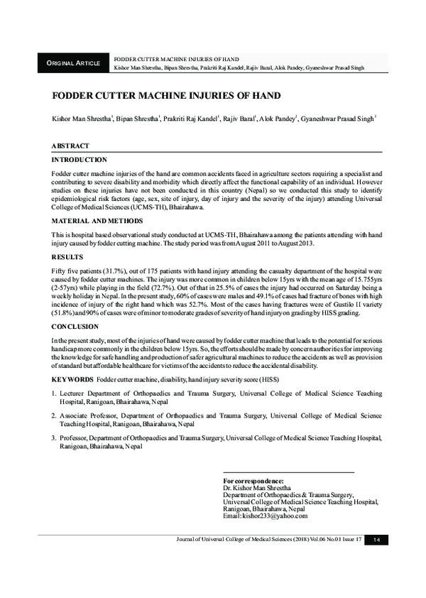 (PDF) Fodder Cutter Machine Injuries of Hand