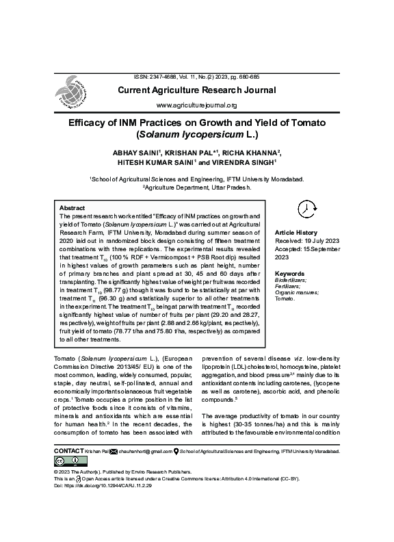 (PDF) Efficacy of Inmpractices on Growth and Yield of Tomato (Solanum ...