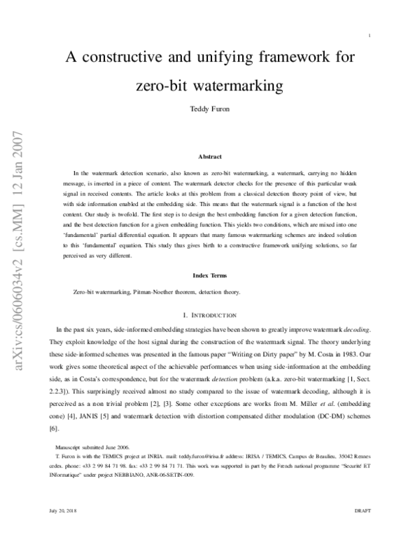 (PDF) A constructive and unifying framework for zero-bit watermarking