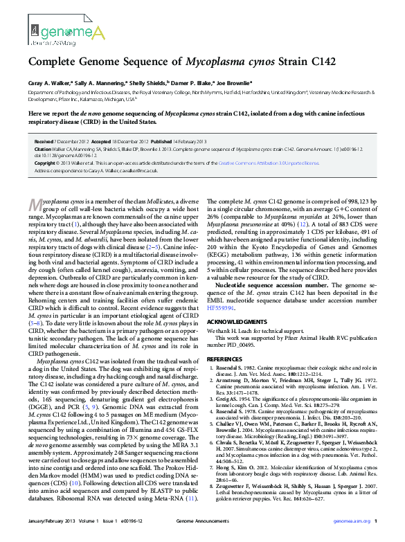 (PDF) Complete Genome Sequence of Mycoplasma cynos Strain C142