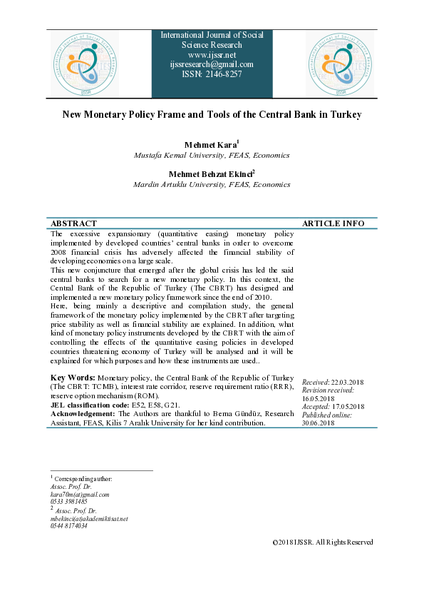 (PDF) New Monetary Policy Frame and Tools of the Central Bank in Turkey