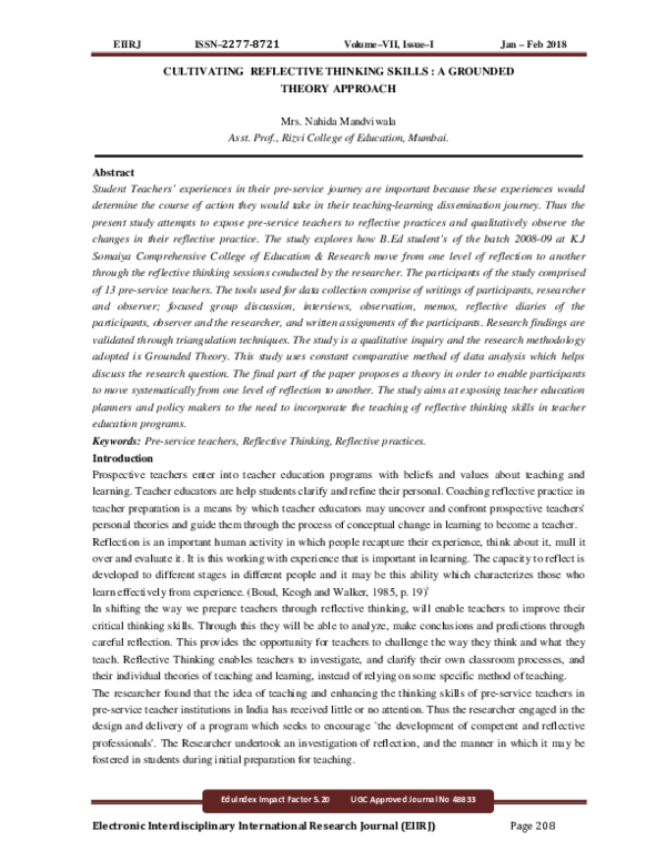 (PDF) Cultivating Reflective Thinking Skills : A Grounded Theory Approach