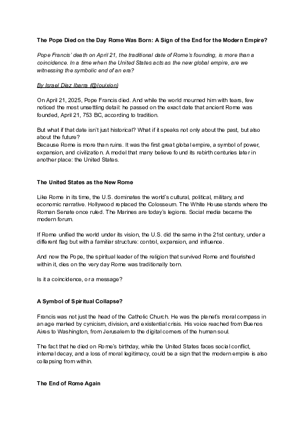 (PDF) The Pope Died on the Day Rome Was Born A Sign of the End for the ...