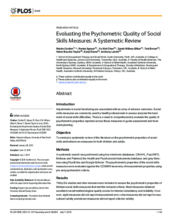 (PDF) Evaluating the Psychometric Quality of Social Skills Measures: A ...