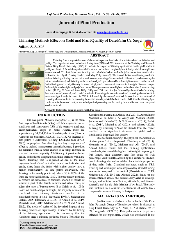 (PDF) Thinning Methods Effect on Yield and Fruit Quality of Date Palm ...