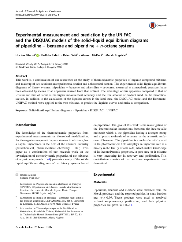 (PDF) Experimental measurement and prediction by the UNIFAC and the ...