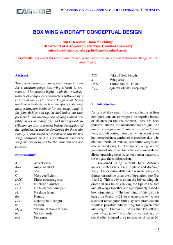 (PDF) Box Wing Aircraft Conceptual Design