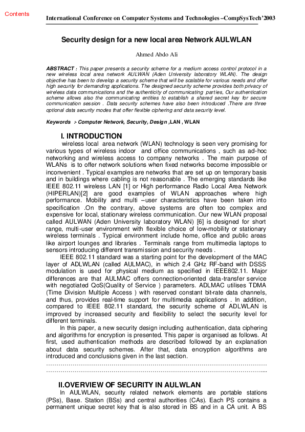 (PDF) Security design for a new local area network AULWLAN