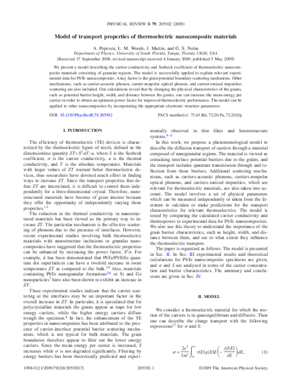 (PDF) Model of transport properties of thermoelectric nanocomposite ...