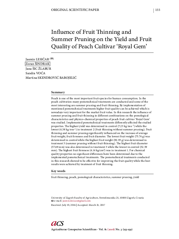 (PDF) Influence of Fruit Thinning and Summer Pruning on the Yield and ...