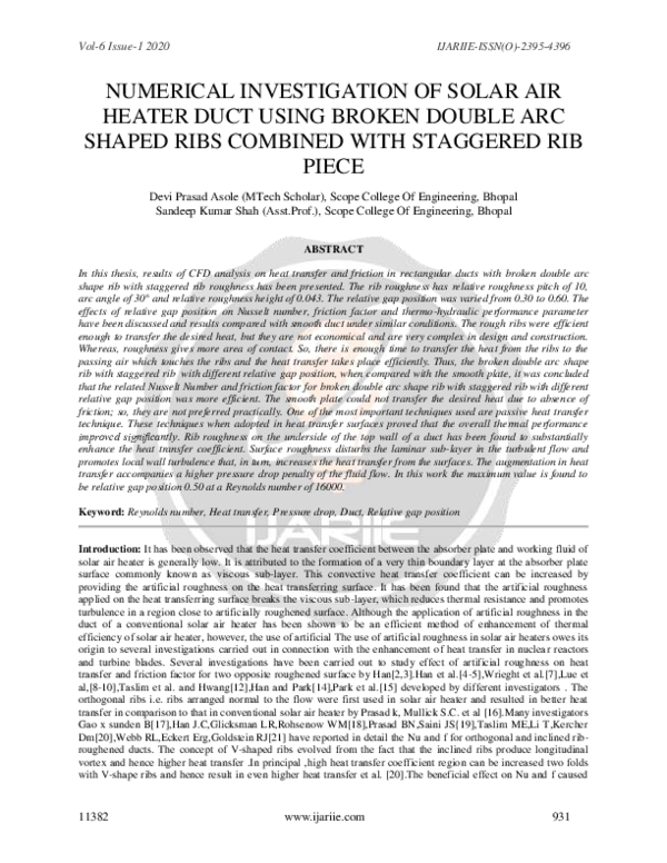 (PDF) Numerical Investigation of Solar Air Heater Duct Using Broken ...