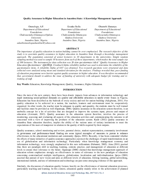 (PDF) Quality Assurance in Higher Education in Anambra State: A ...